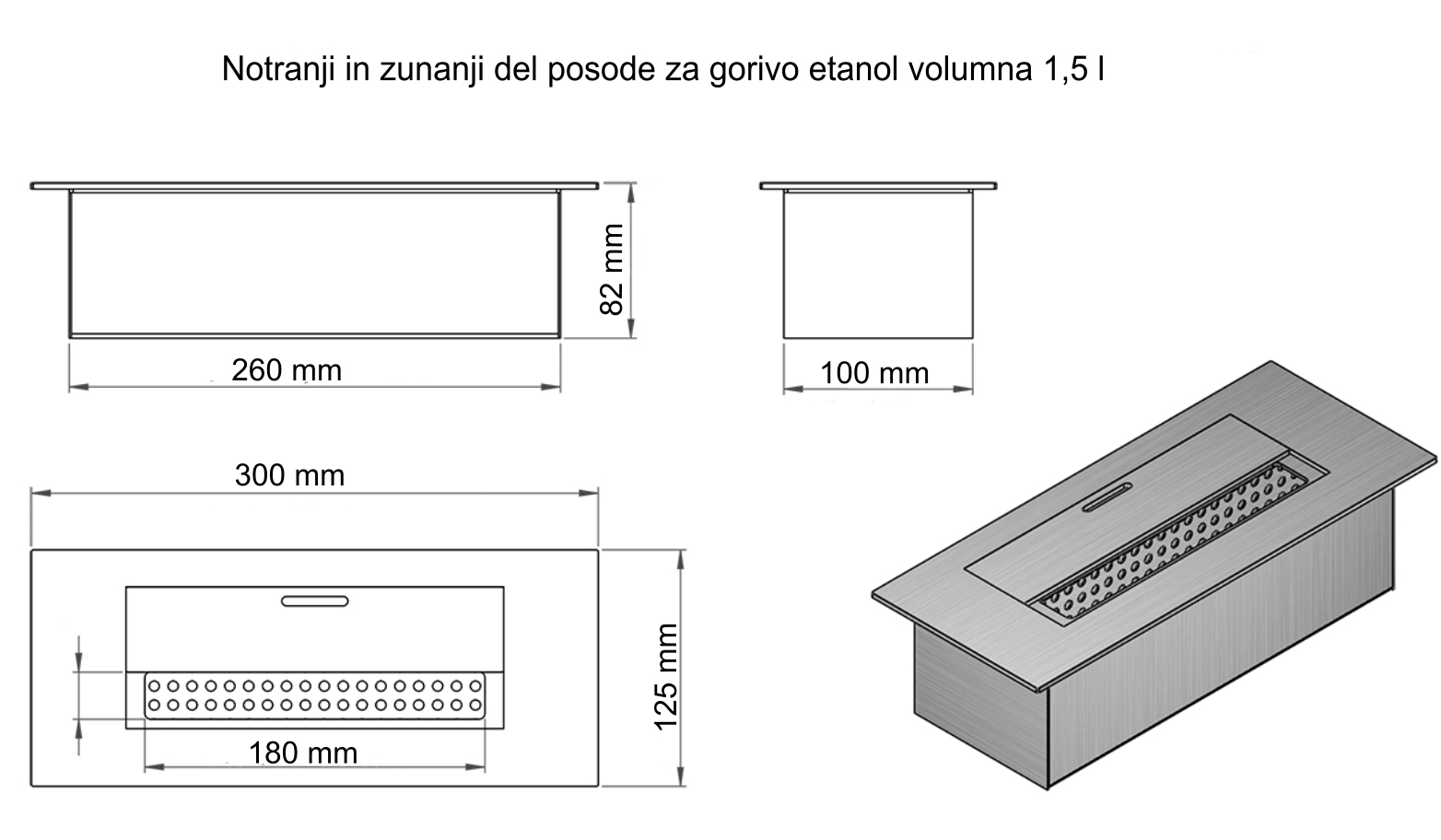 Notranji in zunanji del posode za gorivo etanol volumna 1,5 l